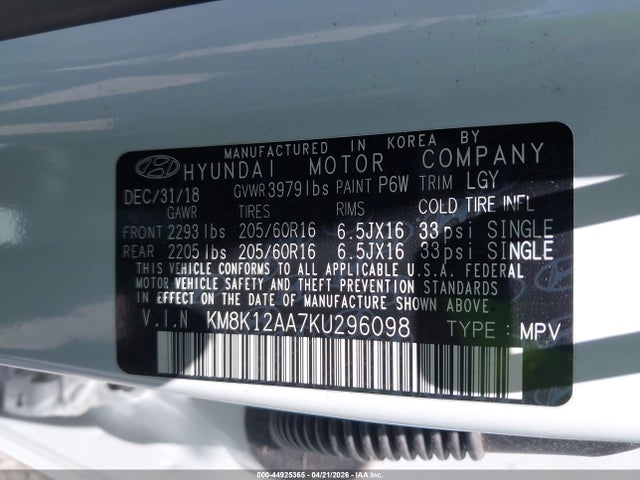 2019 Hyundai Kona Se მანქანა იყიდება აუქციონზე, vin: KM8K12AA7KU296098, აუქციონის ნომერი: 44925365