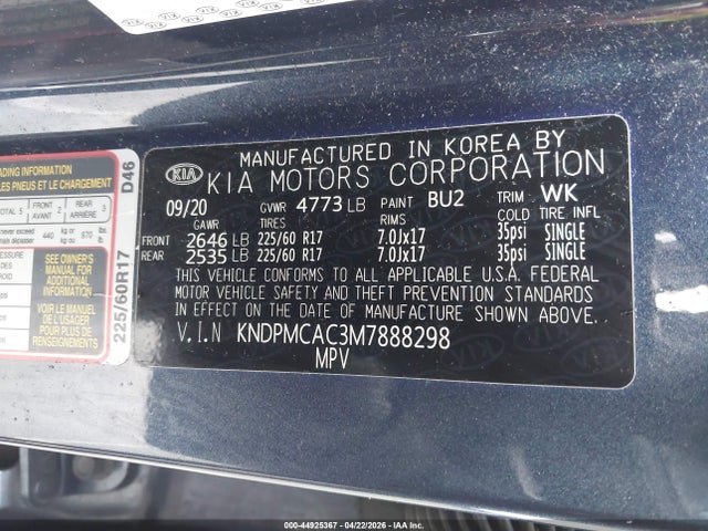 44925367 :رقم المزاد ، KNDPMCAC3M7888298 vin ، 2021 Kia Sportage Lx مزاد بيع