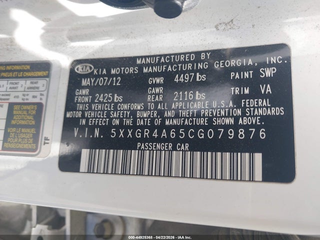 Aukcja sprzedaży 2012 Kia Optima Sx, vin: 5XXGR4A65CG079876, numer aukcji: 44925368