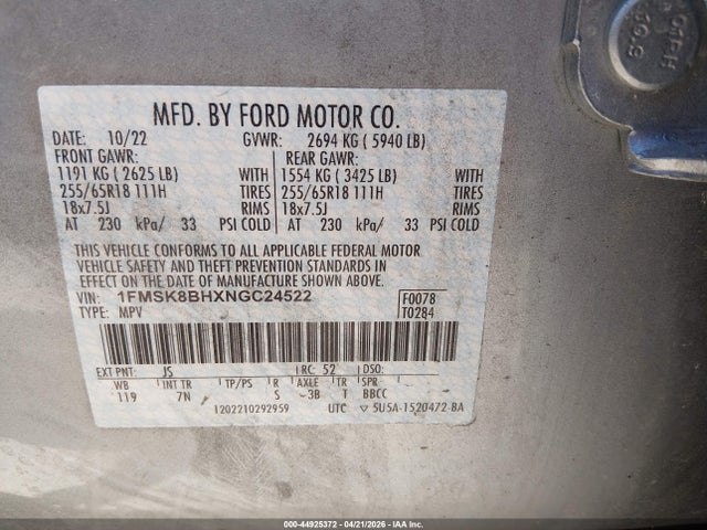 44925372 :رقم المزاد ، 1FMSK8BHXNGC24522 vin ، 2022 Ford Explorer مزاد بيع