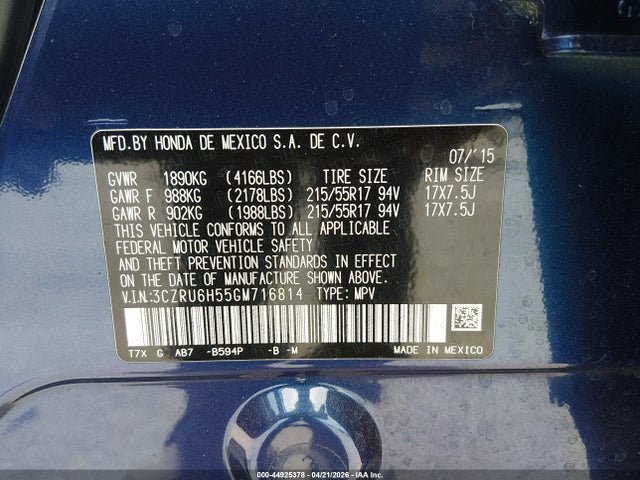 44925378 :رقم المزاد ، 3CZRU6H55GM716814 vin ، 2016 Honda Hr-v Ex مزاد بيع
