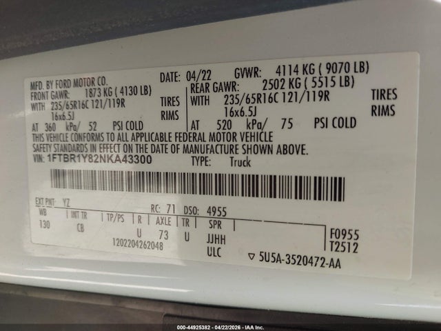 Aukcja sprzedaży 2022 Ford Transit-250, vin: 1FTBR1Y82NKA43300, numer aukcji: 44925382