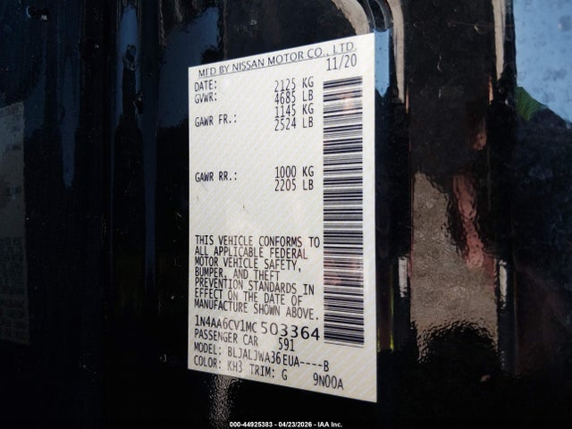 Aukcja sprzedaży 2021 Nissan Maxima Sv Xtronic Cvt, vin: 1N4AA6CV1MC503364, numer aukcji: 44925383