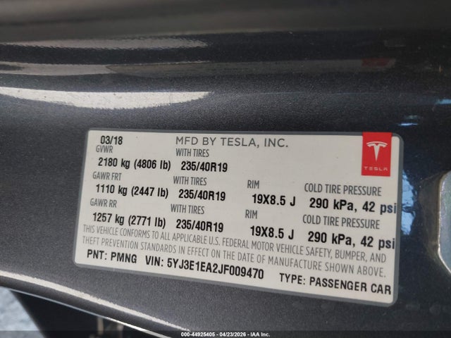 Aukcja sprzedaży 2018 Tesla Model 3 Long Range/mid Range, vin: 5YJ3E1EA2JF009470, numer aukcji: 44925405