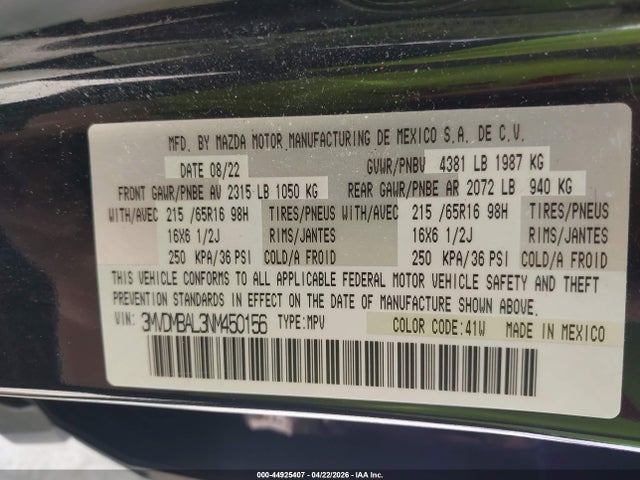 44925407 :رقم المزاد ، 3MVDMBAL3NM450156 vin ، 2022 Mazda Cx-30 2.5 S مزاد بيع