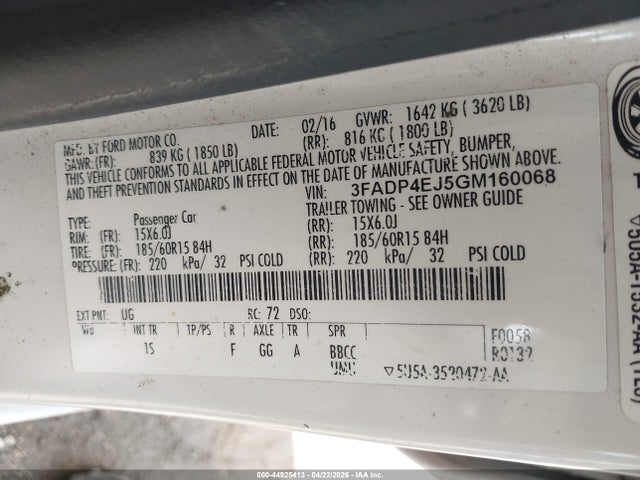 Продажа на аукционе авто 2016 Ford Fiesta Se, vin: 3FADP4EJ5GM160068, номер лота: 44925413
