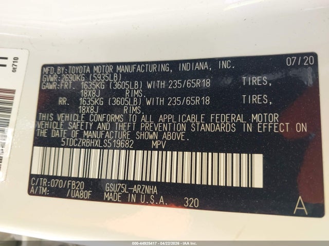 44925417 :رقم المزاد ، 5TDCZRBHXLS519682 vin ، 2020 Toyota Highlander L مزاد بيع
