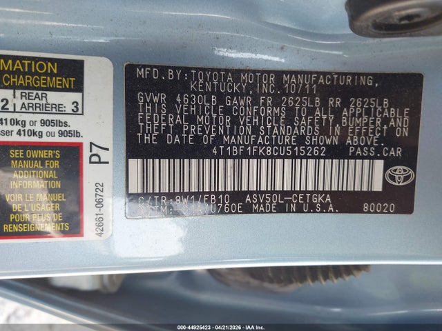 2012 Toyota Camry Xle მანქანა იყიდება აუქციონზე, vin: 4T1BF1FK8CU515262, აუქციონის ნომერი: 44925423
