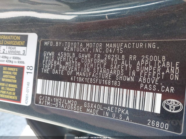 44925437 :رقم المزاد ، 4T1BK1EB5FU168183 vin ، 2015 Toyota Avalon Limited مزاد بيع