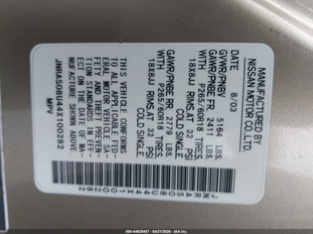 44925457 :رقم المزاد ، JNRAS08U44X100282 vin ، 2004 Infiniti Fx35 مزاد بيع