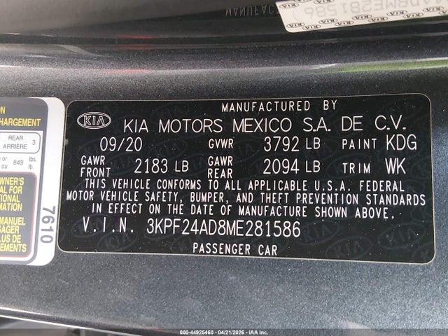 Продаж на аукціоні авто 2021 Kia Forte Lxs, vin: 3KPF24AD8ME281586, номер лоту: 44925460