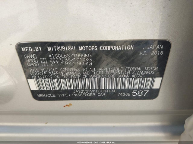 Продаж на аукціоні авто 2017 Mitsubishi Lancer Sel, vin: JA32V2FW1HU001646, номер лоту: 44925465