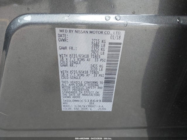 44925466 :رقم المزاد ، 5N1DL0MMXJC518649 vin ، 2018 Infiniti Qx60 مزاد بيع