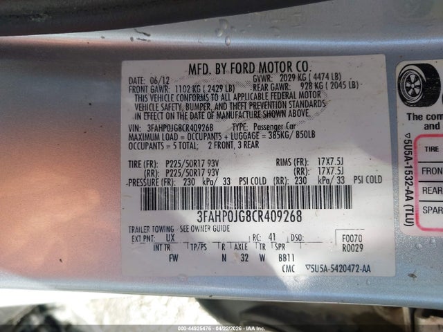 44925476 :رقم المزاد ، 3FAHP0JG8CR409268 vin ، 2012 Ford Fusion Sel مزاد بيع