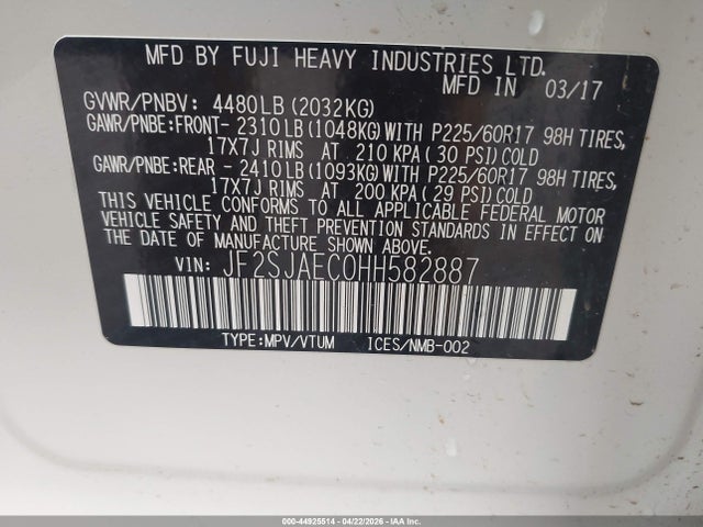 2017 Subaru Forester 2.5i Premium მანქანა იყიდება აუქციონზე, vin: JF2SJAEC0HH582887, აუქციონის ნომერი: 44925514