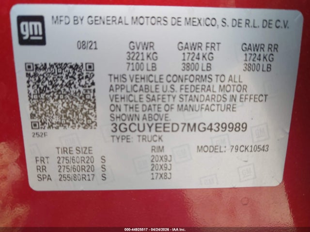 2021 Chevrolet Silverado 1500 4wd  Short Bed Rst მანქანა იყიდება აუქციონზე, vin: 3GCUYEED7MG439989, აუქციონის ნომერი: 44925517