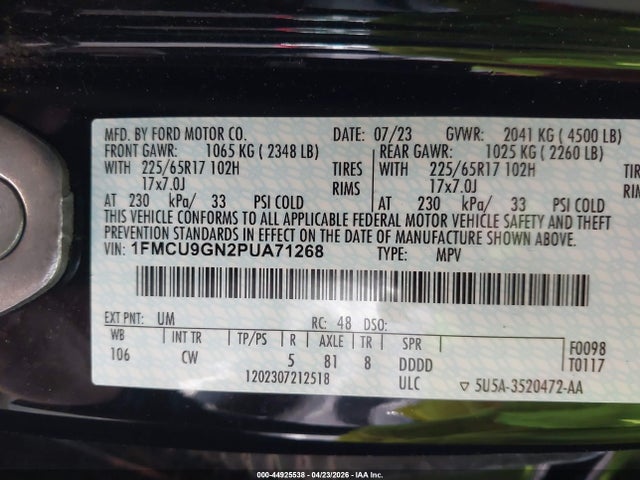Продажа на аукционе авто 2023 Ford Escape Active, vin: 1FMCU9GN2PUA71268, номер лота: 44925538