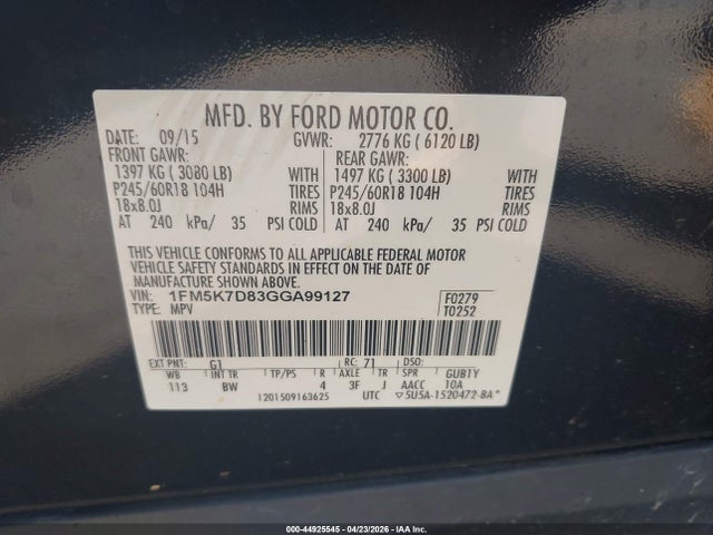 Aukcja sprzedaży 2016 Ford Explorer Xlt, vin: 1FM5K7D83GGA99127, numer aukcji: 44925545