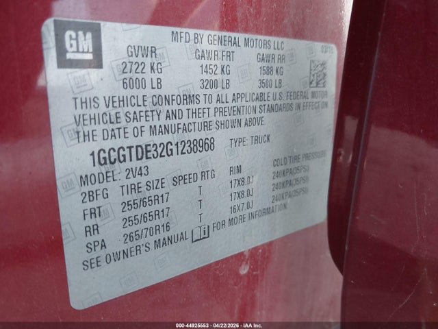 2016 Chevrolet Colorado Z71 მანქანა იყიდება აუქციონზე, vin: 1GCGTDE32G1238968, აუქციონის ნომერი: 44925553