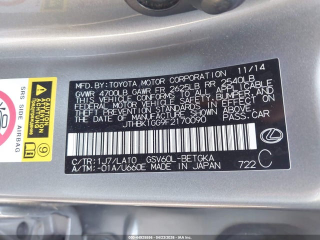 JTHBK1GG9F2170090 Lexus ES 350