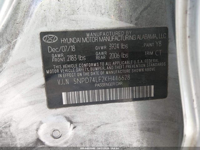Aukcja sprzedaży 2019 Hyundai Elantra Se, vin: 5NPD74LF2KH446628, numer aukcji: 44925560
