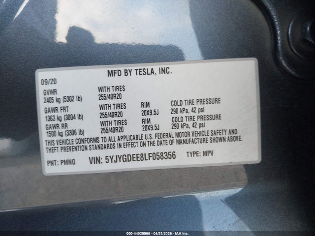 Продаж на аукціоні авто 2020 Tesla Model Y Long Range Dual Motor All-wheel Drive, vin: 5YJYGDEE8LF058356, номер лоту: 44925565
