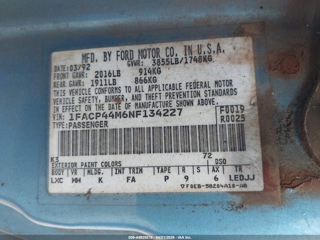 44925578 :رقم المزاد ، 1FACP44M6NF134227 vin ، 1992 Ford Mustang Lx مزاد بيع
