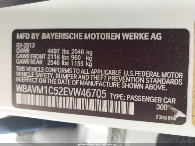 Продаж на аукціоні авто 2014 Bmw X1 Sdrive28i, vin: WBAVM1C52EVW46705, номер лоту: 44925581