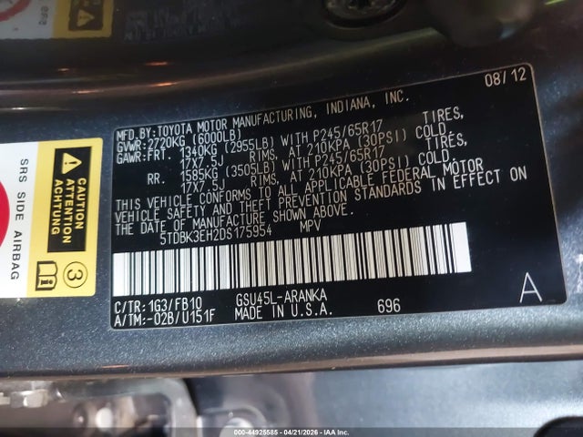 Продаж на аукціоні авто 2013 Toyota Highlander Base V6, vin: 5TDBK3EH2DS175954, номер лоту: 44925585