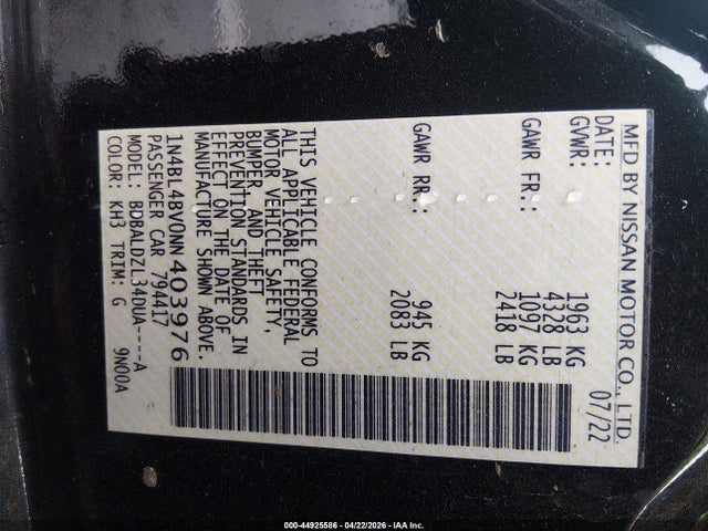 44925586 :رقم المزاد ، 1N4BL4BV0NN403976 vin ، 2022 Nissan Altima S Fwd مزاد بيع