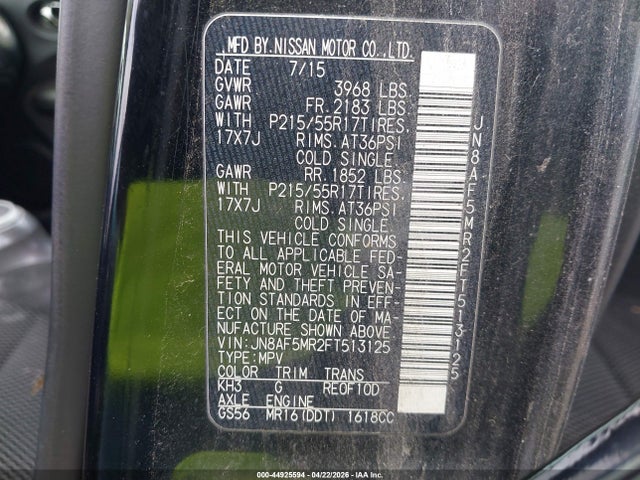 2015 Nissan Juke S მანქანა იყიდება აუქციონზე, vin: JN8AF5MR2FT513125, აუქციონის ნომერი: 44925594