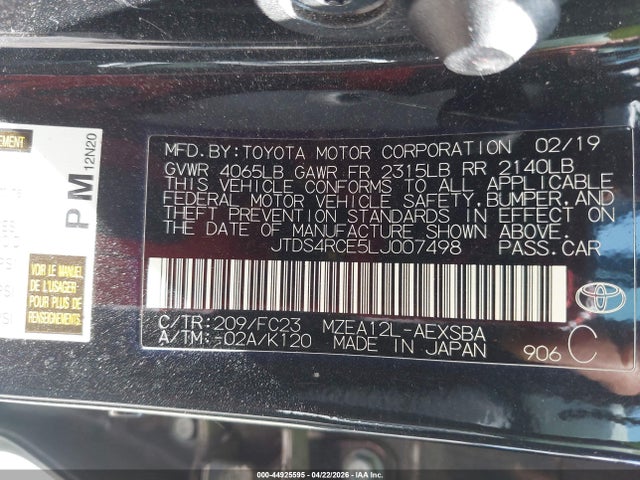 44925595 :رقم المزاد ، JTDS4RCE5LJ007498 vin ، 2020 Toyota Corolla Se مزاد بيع