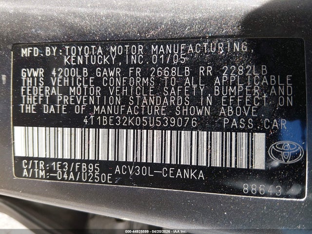 Aukcja sprzedaży 2005 Toyota Camry Le, vin: 4T1BE32K05U539076, numer aukcji: 44925599
