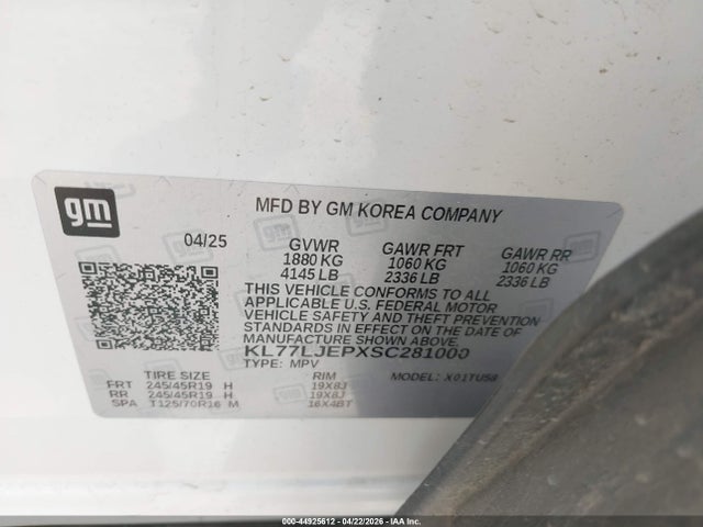 Aukcja sprzedaży 2025 Chevrolet Trax Fwd 2rs, vin: KL77LJEPXSC281000, numer aukcji: 44925612