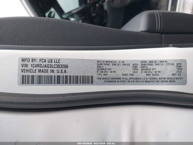 2020 Dodge Durango Sxt Plus Awd მანქანა იყიდება აუქციონზე, vin: 1C4RDJAG3LC353266, აუქციონის ნომერი: 44925628