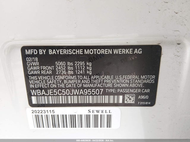 Продажа на аукционе авто 2018 Bmw 540i, vin: WBAJE5C50JWA95507, номер лота: 44925639