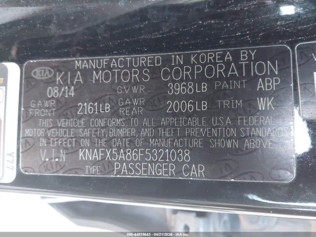 2015 Kia Forte Ex მანქანა იყიდება აუქციონზე, vin: KNAFX5A86F5321038, აუქციონის ნომერი: 44925643