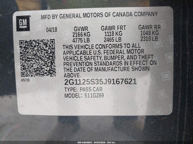 Aukcja sprzedaży 2018 Chevrolet Impala 2lz, vin: 2G1125S35J9167621, numer aukcji: 44925653