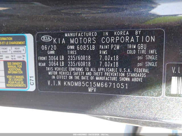 Aukcja sprzedaży 2021 Kia Sedona Ex, vin: KNDMB5C15M6671051, numer aukcji: 44925662