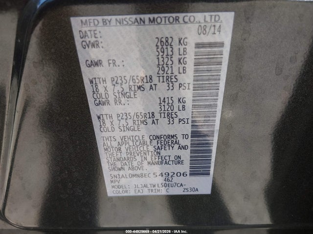Aukcja sprzedaży 2014 Infiniti Qx60, vin: 5N1AL0MN8EC549206, numer aukcji: 44925669