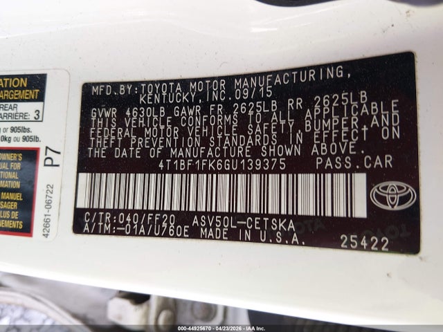 Продаж на аукціоні авто 2016 Toyota Camry Se, vin: 4T1BF1FK6GU139375, номер лоту: 44925670