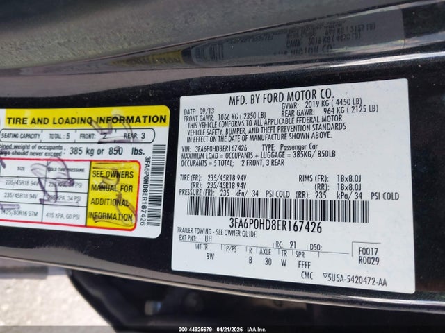 44925679 :رقم المزاد ، 3FA6P0HD8ER167426 vin ، 2014 Ford Fusion Se مزاد بيع