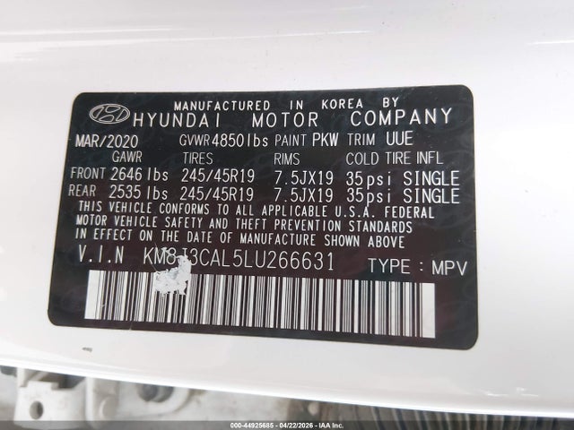 Продаж на аукціоні авто 2020 Hyundai Tucson Sport, vin: KM8J3CAL5LU266631, номер лоту: 44925685