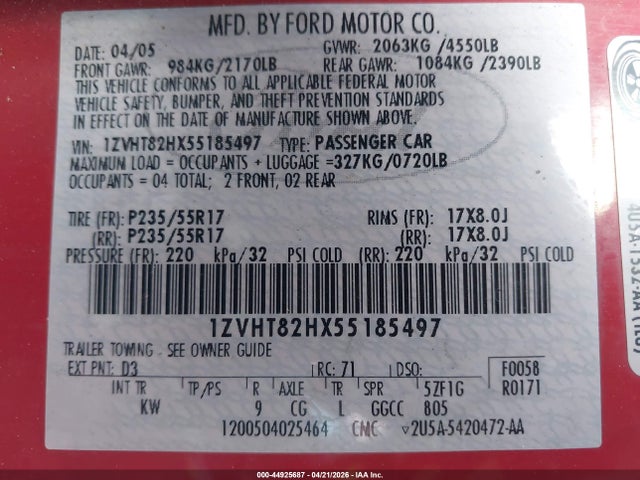 Aukcja sprzedaży 2005 Ford Mustang Gt Deluxe/gt Premium, vin: 1ZVHT82HX55185497, numer aukcji: 44925687