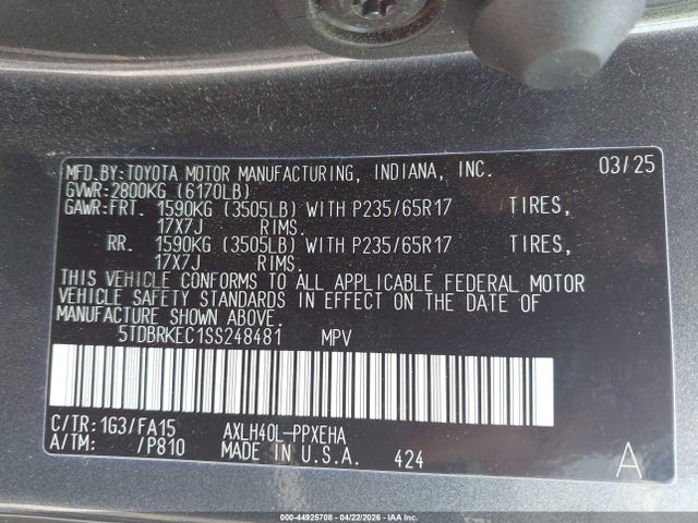 Aukcja sprzedaży 2025 Toyota Sienna Le, vin: 5TDBRKEC1SS248481, numer aukcji: 44925708
