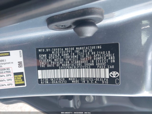 44925711 :رقم المزاد ، 5YFEPRAE9LP122253 vin ، 2020 Toyota Corolla Le مزاد بيع