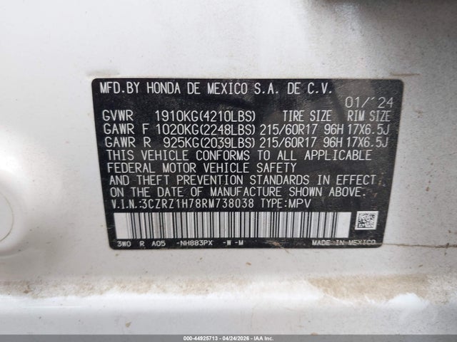 Продаж на аукціоні авто 2024 Honda Hr-v 2wd Ex-l/2wd Ex-l W/o Bsi, vin: 3CZRZ1H78RM738038, номер лоту: 44925713