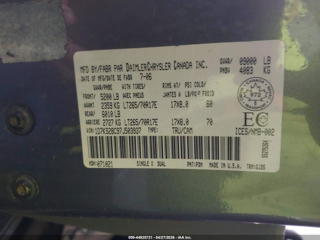 Aukcja sprzedaży 2007 Dodge Ram 2500 Laramie, vin: 1D7KS28C97J503937, numer aukcji: 44925721