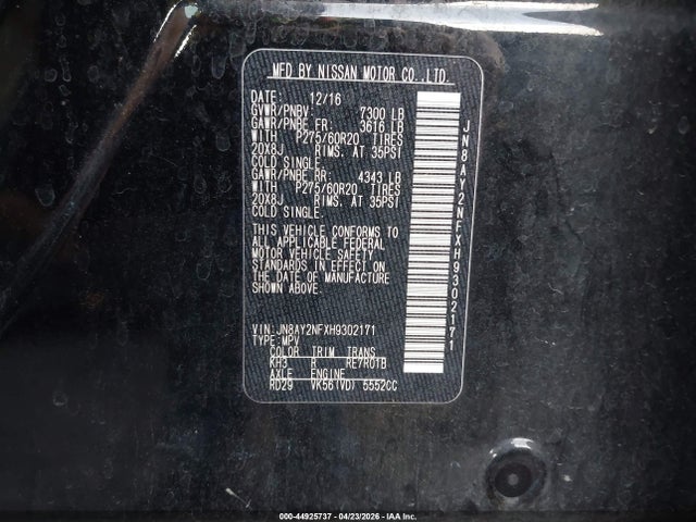 Aukcja sprzedaży 2017 Nissan Armada Platinum, vin: JN8AY2NFXH9302171, numer aukcji: 44925737