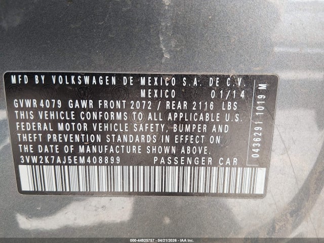 2014 Volkswagen Jetta 2.0l S მანქანა იყიდება აუქციონზე, vin: 3VW2K7AJ5EM408899, აუქციონის ნომერი: 44925757